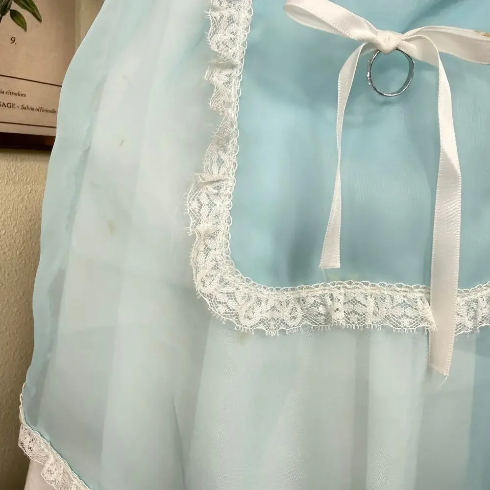 Vintage Sheer Blue Lace Pocket Half Hostess Apron Dolly Coquette Romantic XS S